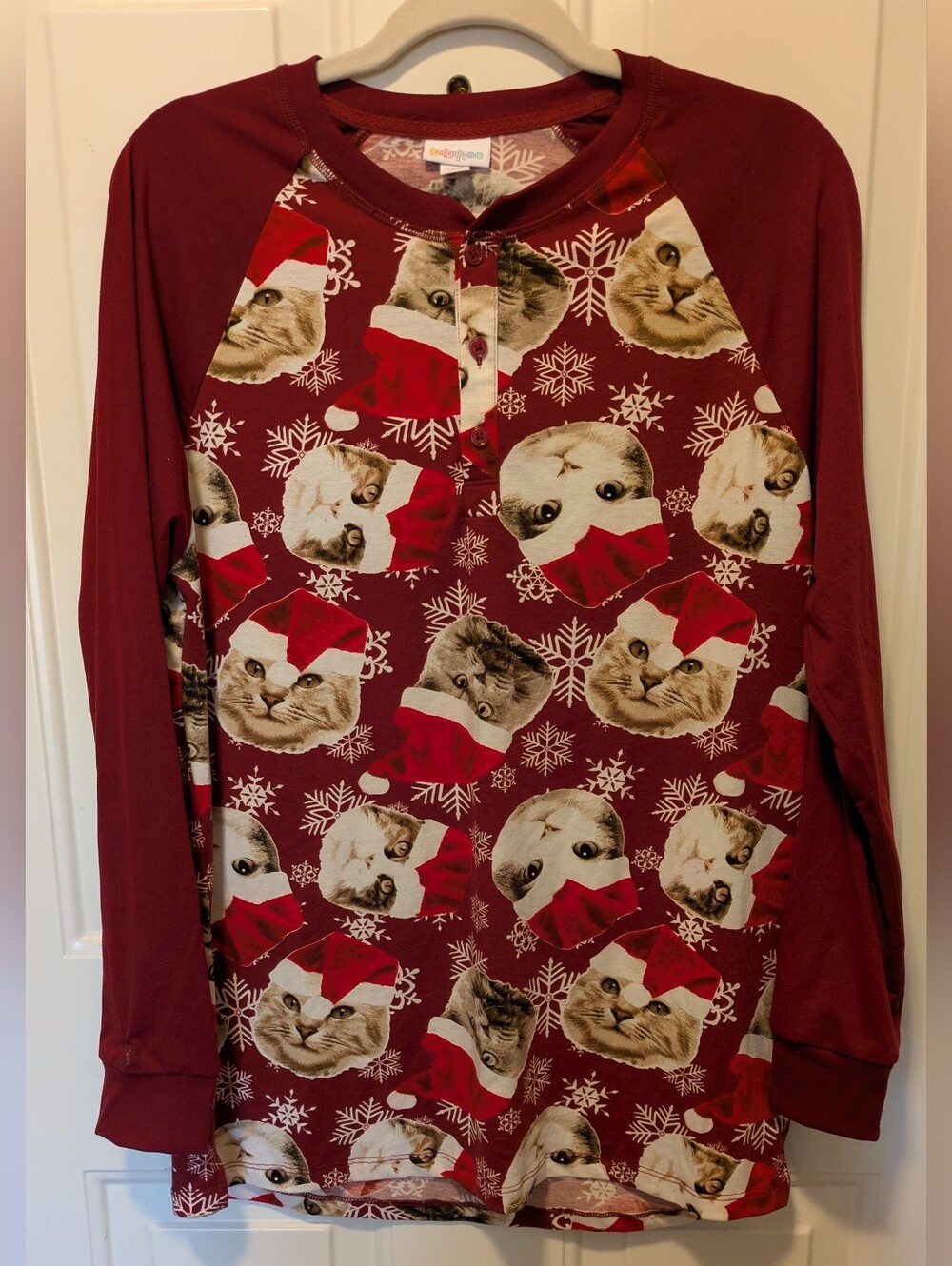 LulaRoe Christmas Cat Henley Long Sleeve Shirt